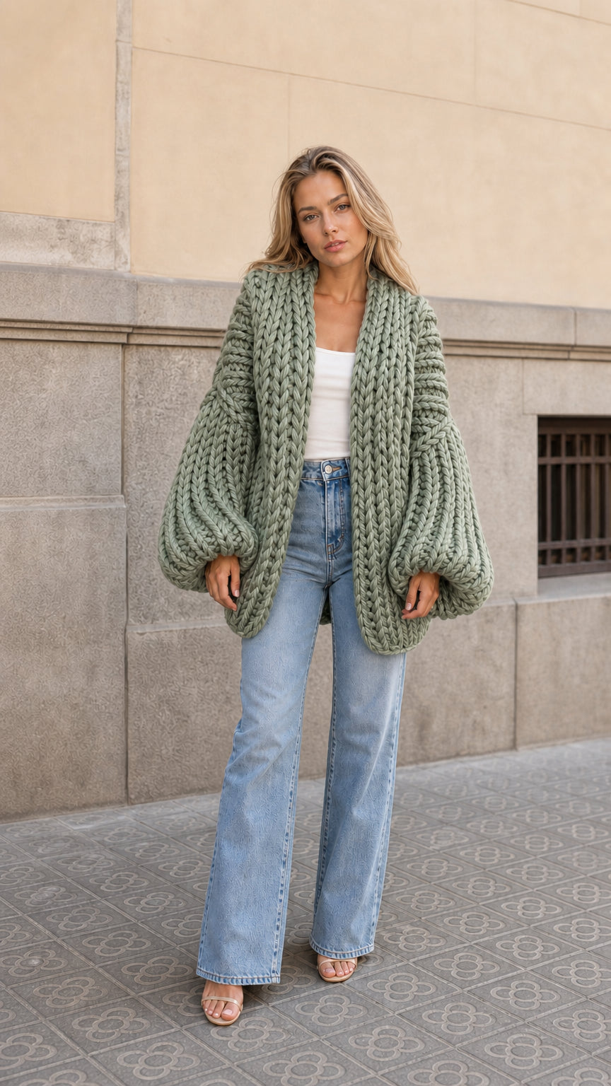 Front view of woman wearing sage green chunky knit balloon sleeve cardigan sweater