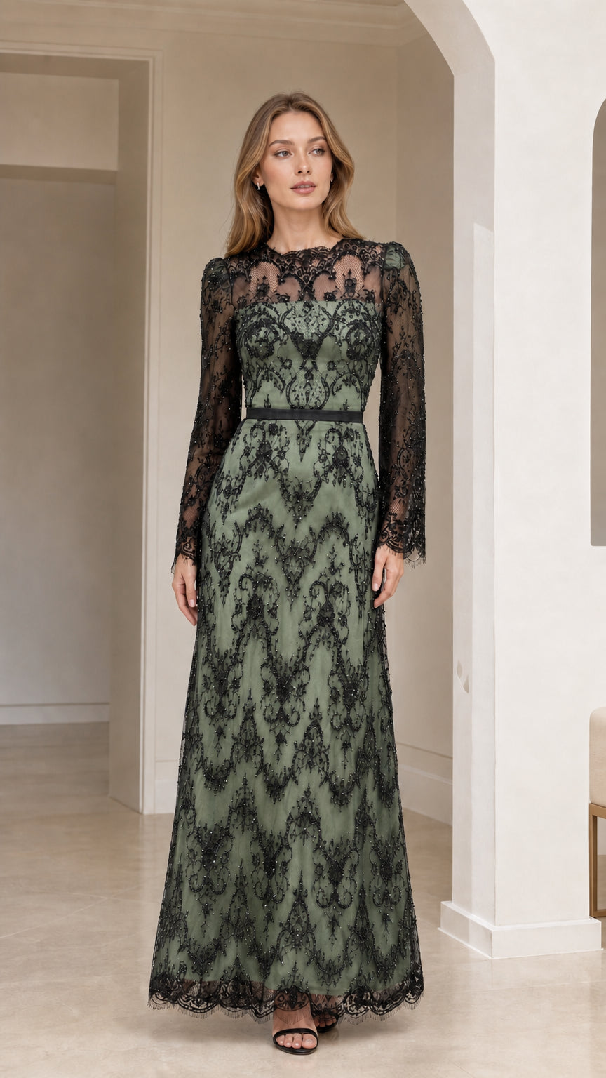 Front full-length view of sage green sequin lace long sleeve evening maxi dress