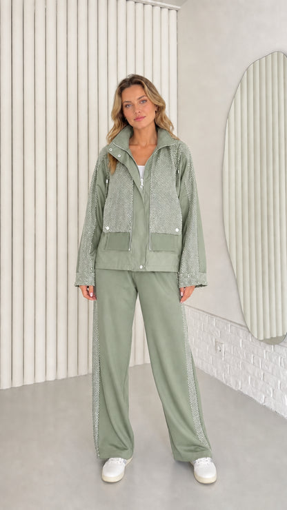 Full front view of women's sage green textured contrast jacket and wide-leg pants set