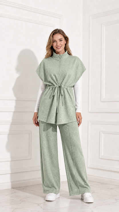 Front full view of women's sage green 2-piece mock neck tunic and wide-leg pants set