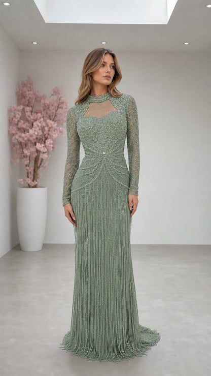 Sage Green beaded long sleeve sheath gala gown