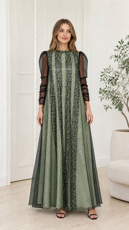 Front view of the Sage Green striped sequin tulle maxi gown