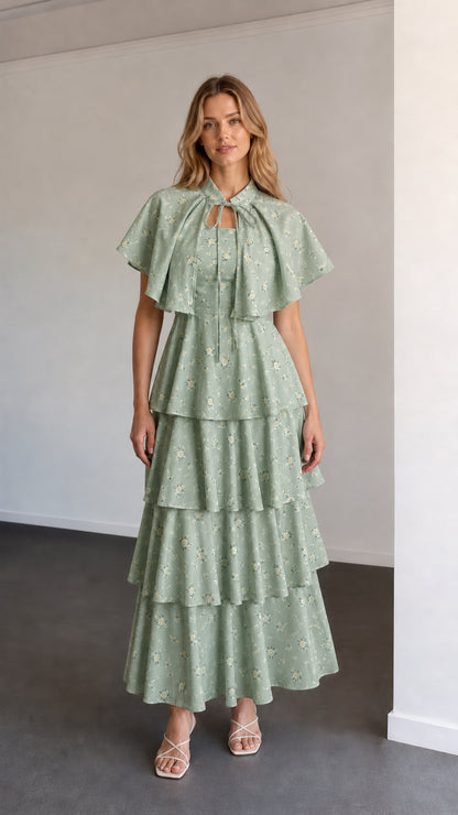 Full-length view of sage green floral capelet tiered maxi dress