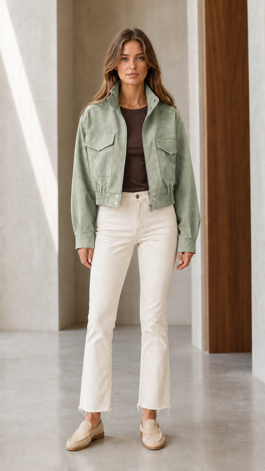 Front full-length view of model wearing Sage Green cropped utility jacket