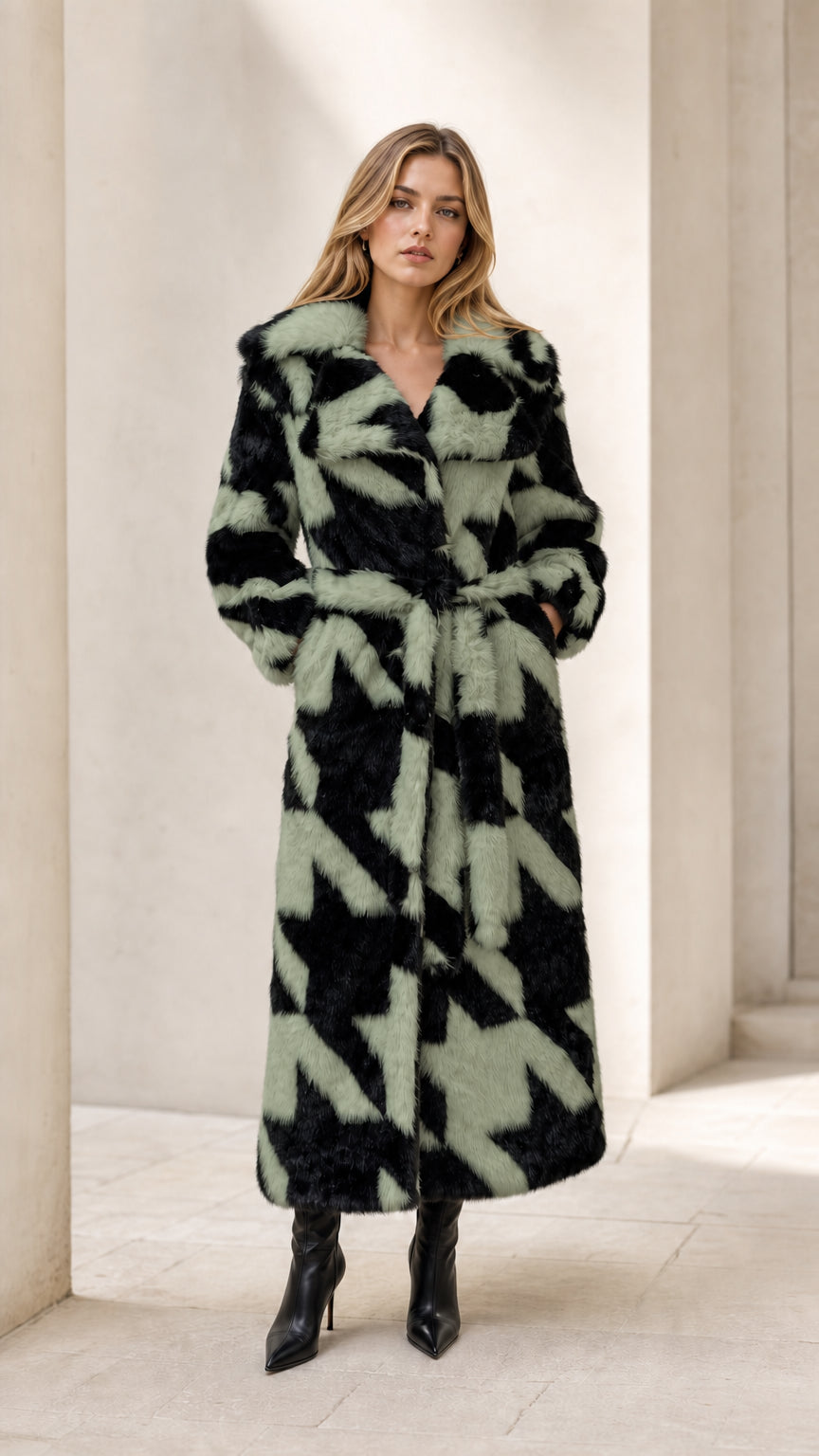 Full-length sage green and black houndstooth longline faux fur coat