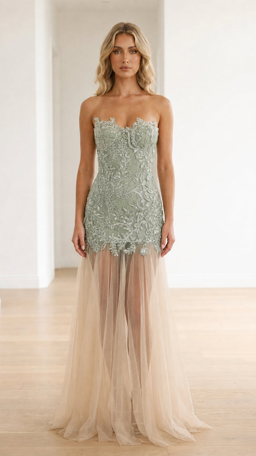 Sage green embroidered strapless corset gown with champagne tulle overlay