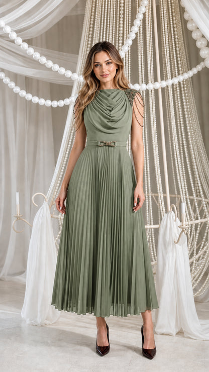 Front view of sage green pleated midi dress