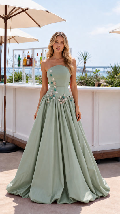 Sage Green strapless crystal embellished evening gown