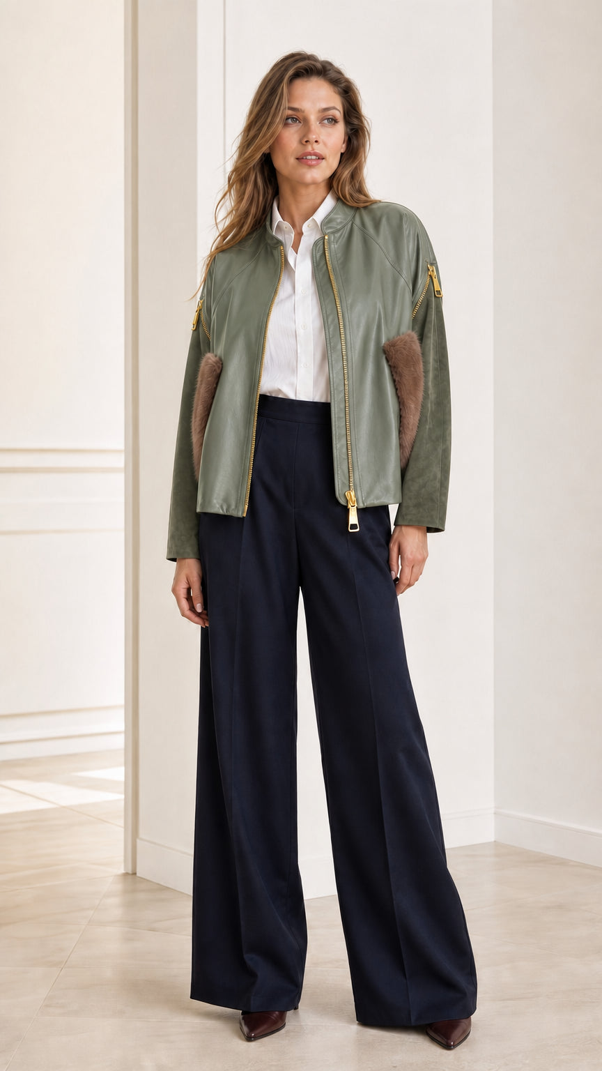 Full outfit view of woman wearing the Sage Green faux leather bomber jacket