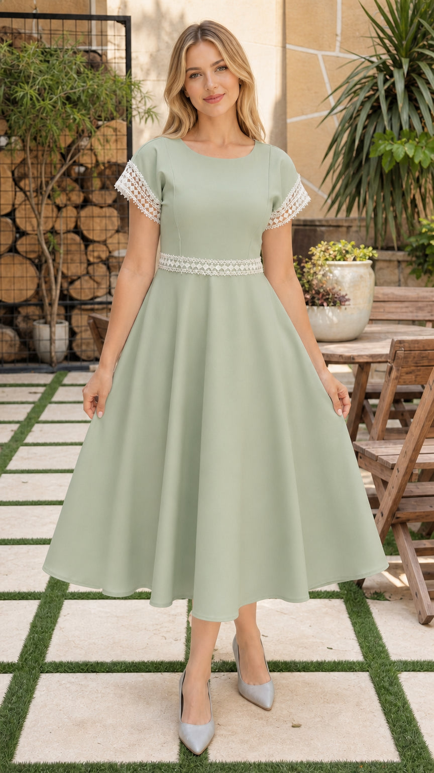 Model wearing sage green short sleeve A-line midi dress with crochet details