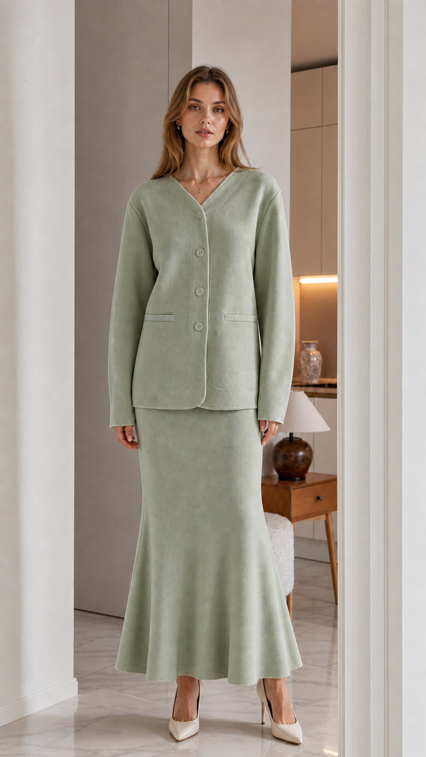 Full front view of model wearing sage green V-neck cardigan and matching knit skirt set