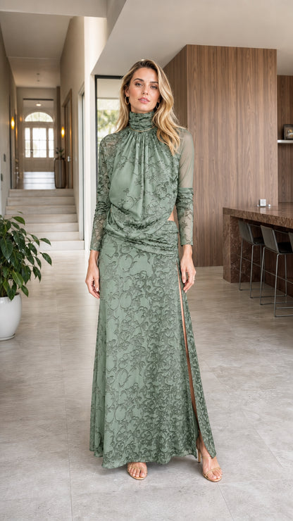 Model wearing sage green high neck cutout lace maxi dress