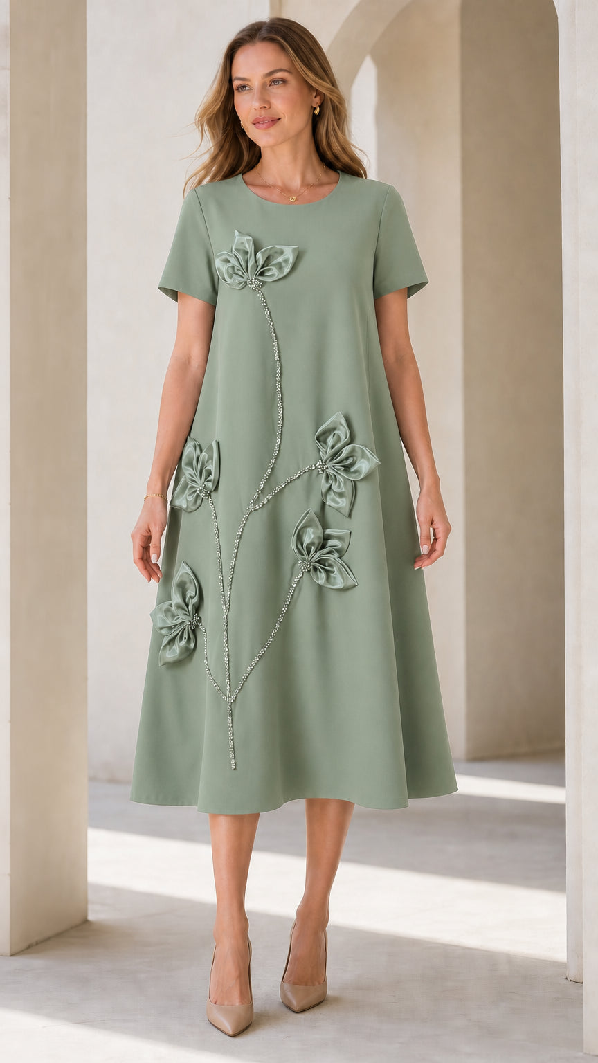 Sage Green 3D floral applique short sleeve A-line midi dress
