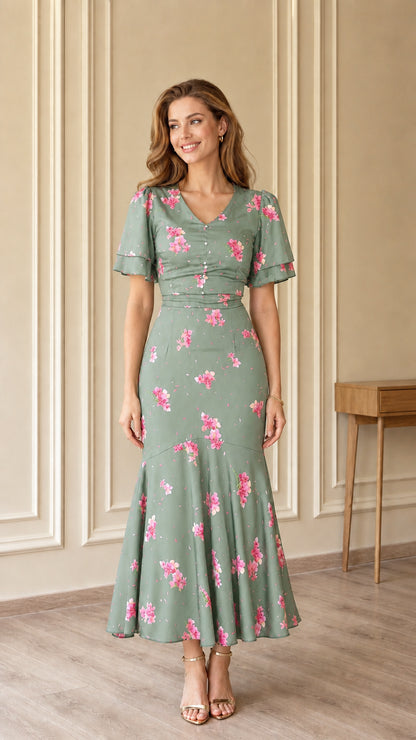 Sage green floral V-neck flutter sleeve mermaid midi dress on model