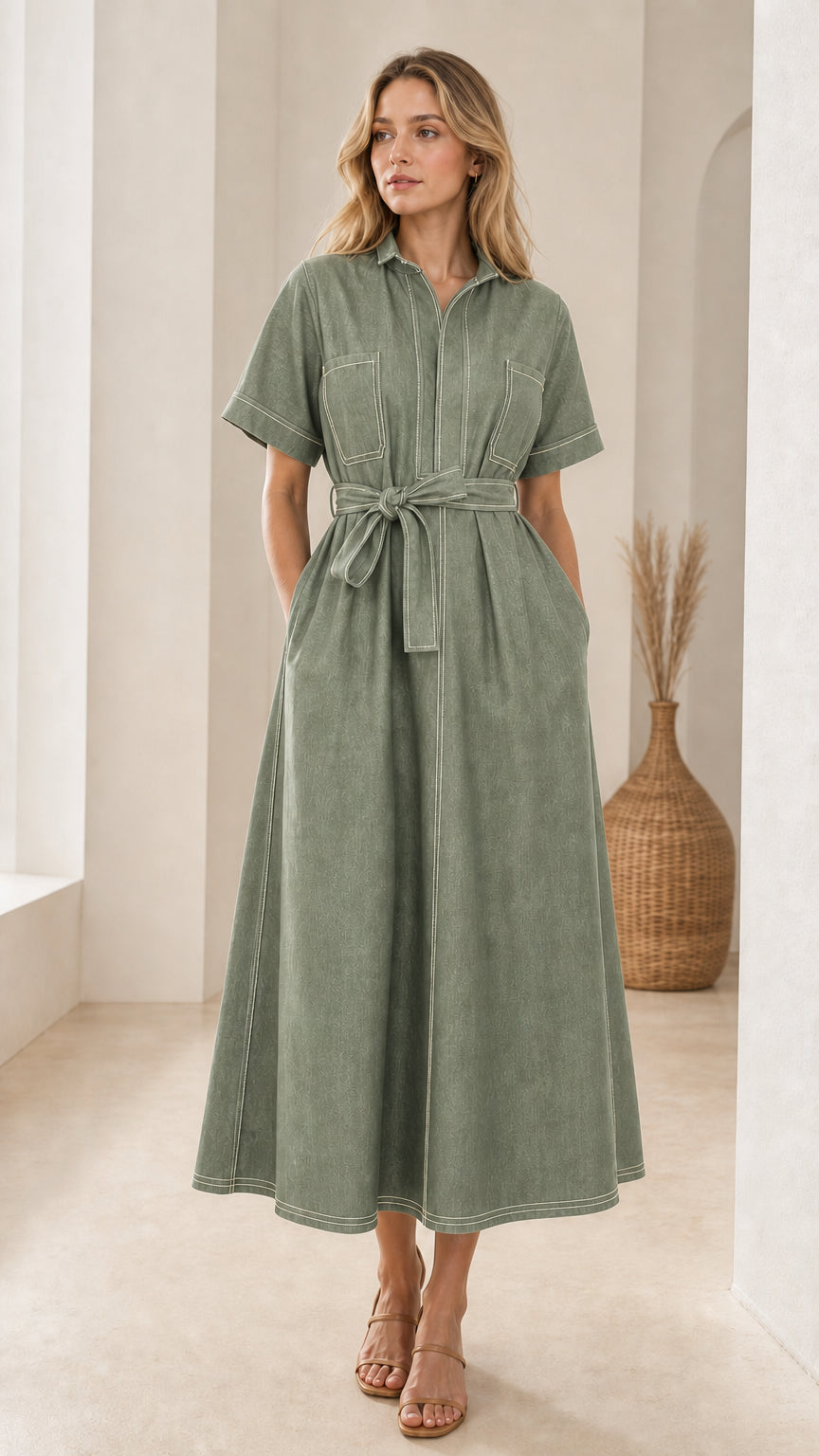 Front view of woman wearing sage green short sleeve contrast stitch belted midi shirt dress
