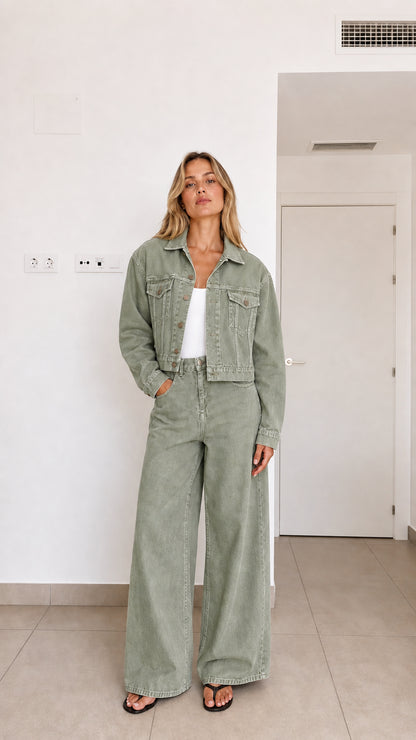 Woman wearing sage green 2-piece cropped jacket and wide-leg denim set