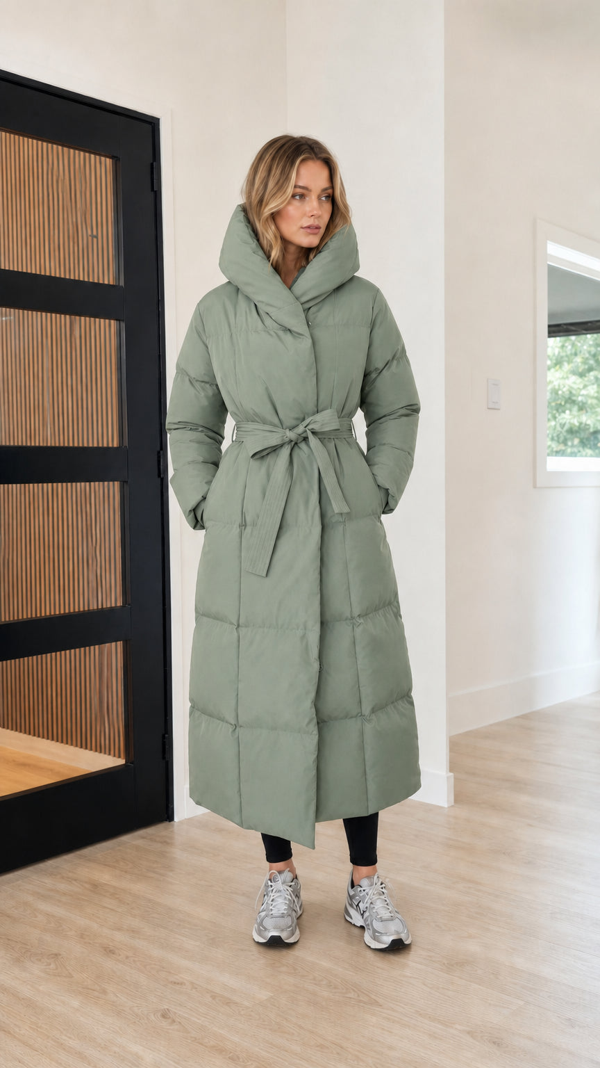 Women's full length hooded maxi puffer coat in sage green