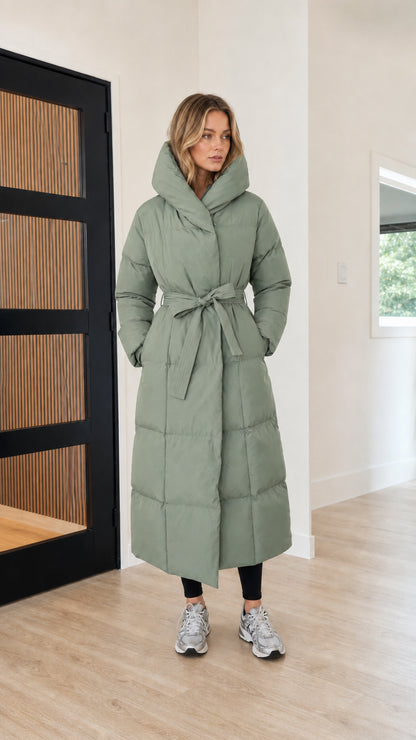 Women's full length hooded maxi puffer coat in sage green