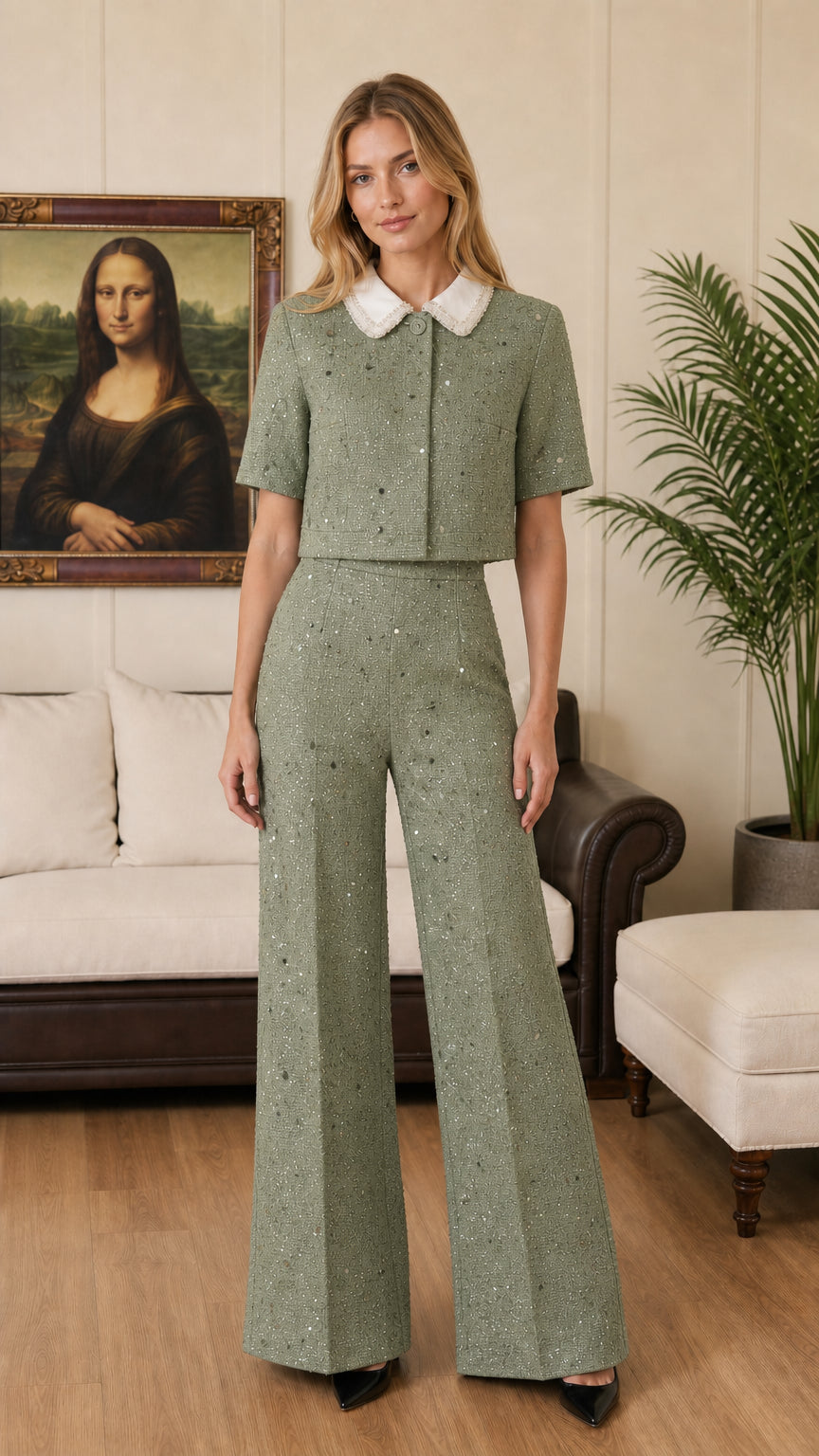 Sage green tweed short-sleeve top and wide-leg pants co-ord set