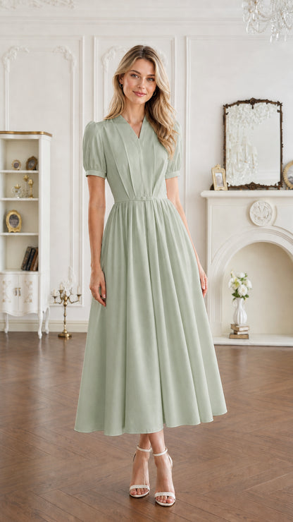 Front view of sage green short sleeve pleated V-neck midi dress
