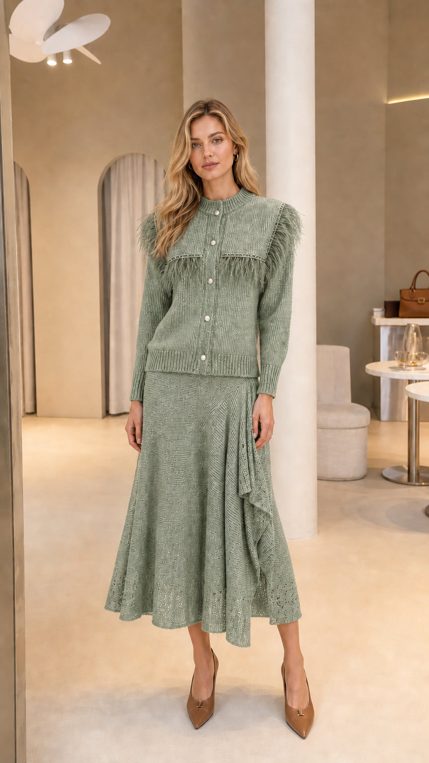 Full-length view of Sage Green feather trim knit cardigan and ruffled midi skirt set