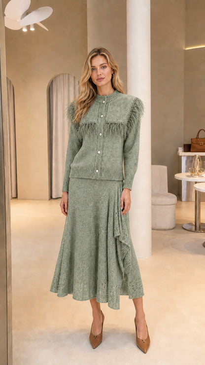 Full-length view of Sage Green feather trim knit cardigan and ruffled midi skirt set
