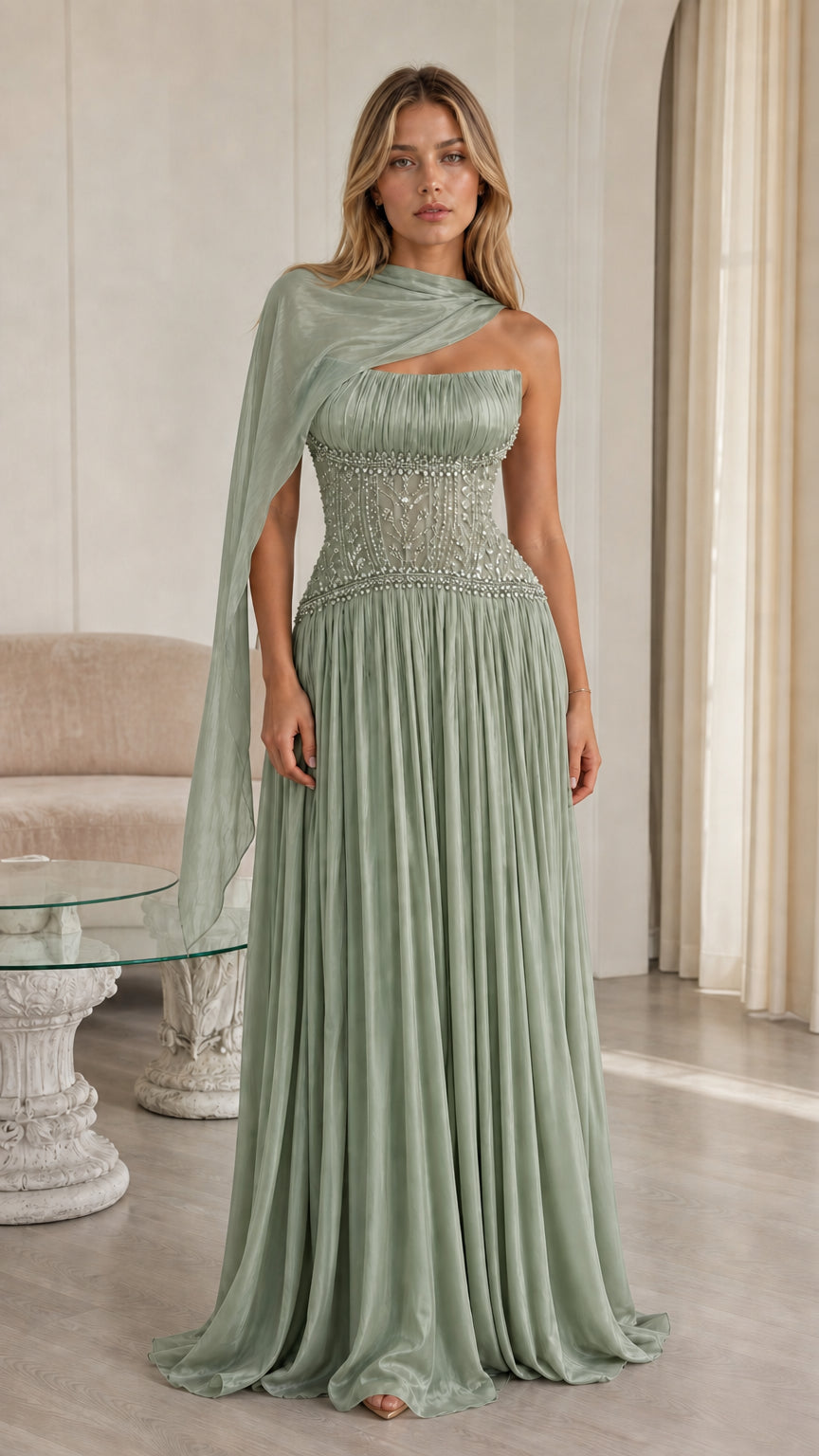 Front view of sage green pleated chiffon formal gown with crystal waist detail