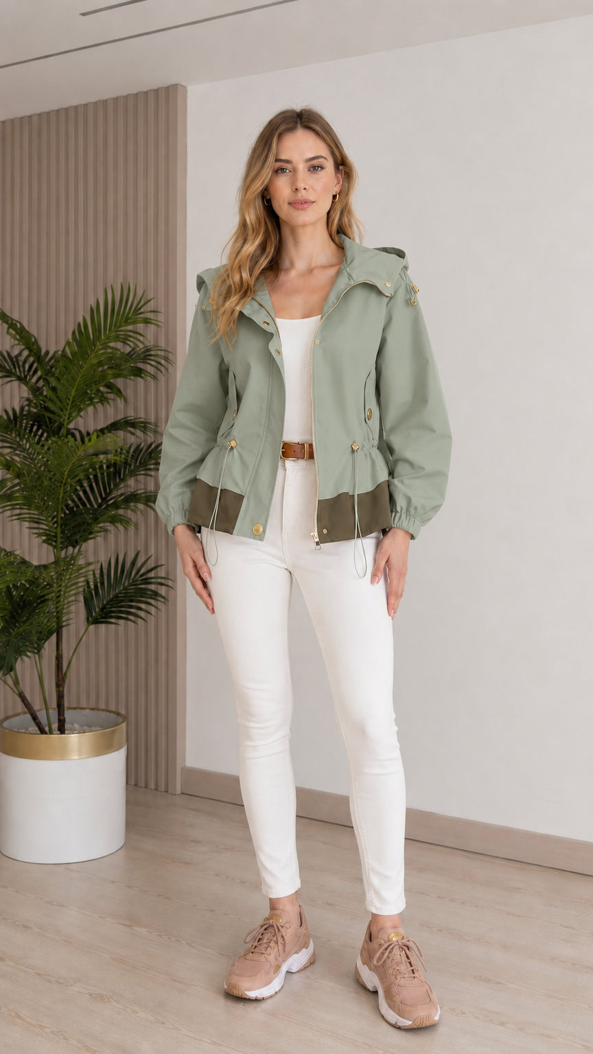 Model wearing sage green hooded utility windbreaker jacket with contrast hem