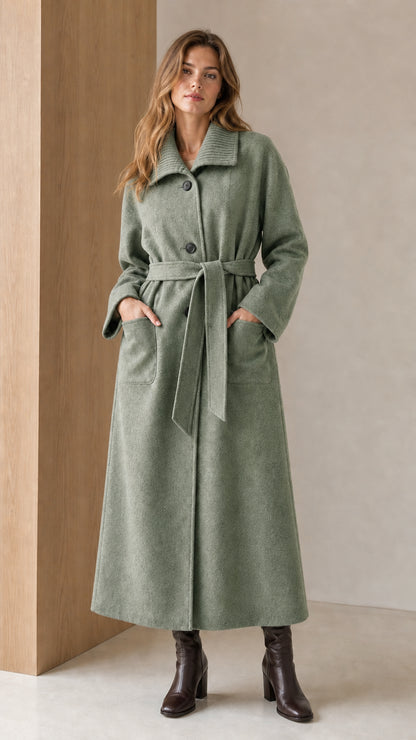 Woman wearing Sage Green long belted winter overcoat