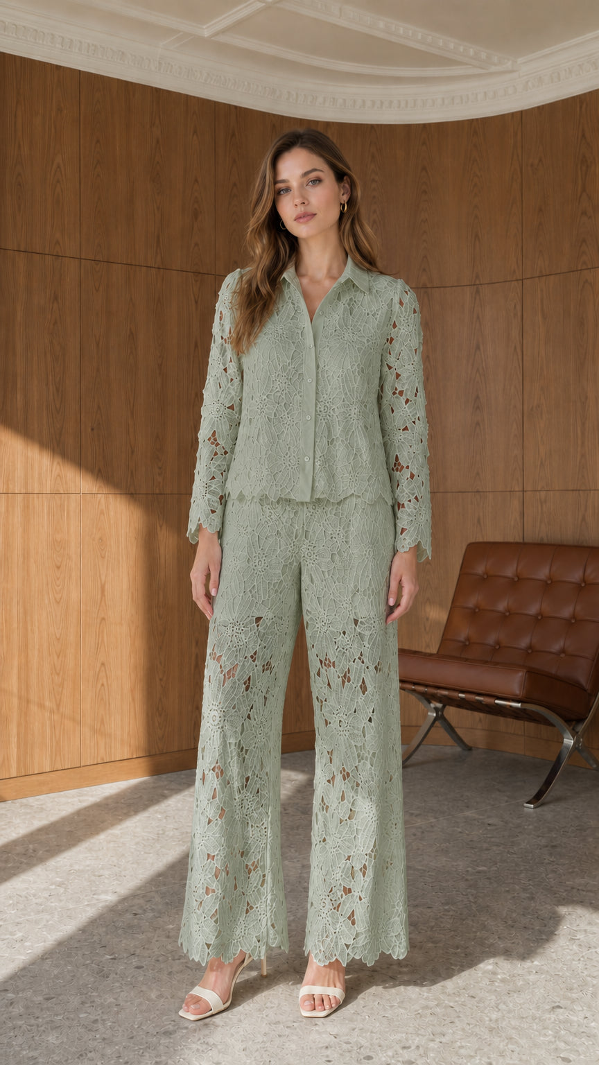 Front full view of sage green floral lace two-piece trouser set