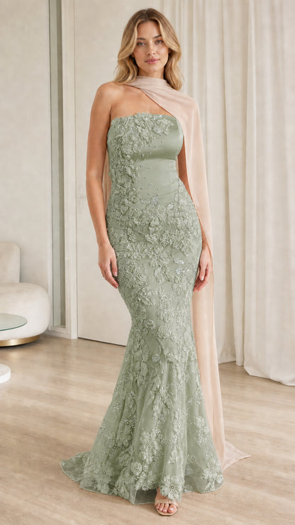 Full front view of strapless sage green lace mermaid evening gown