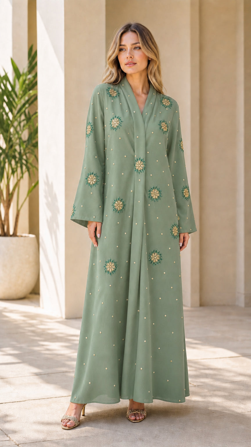 Front view of sage green embellished long sleeve abaya dress