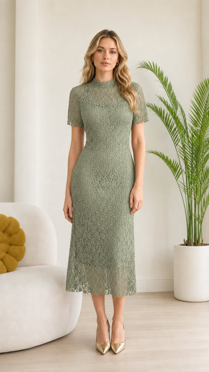 Front view of model wearing Sage Green mock neck lace cocktail dress