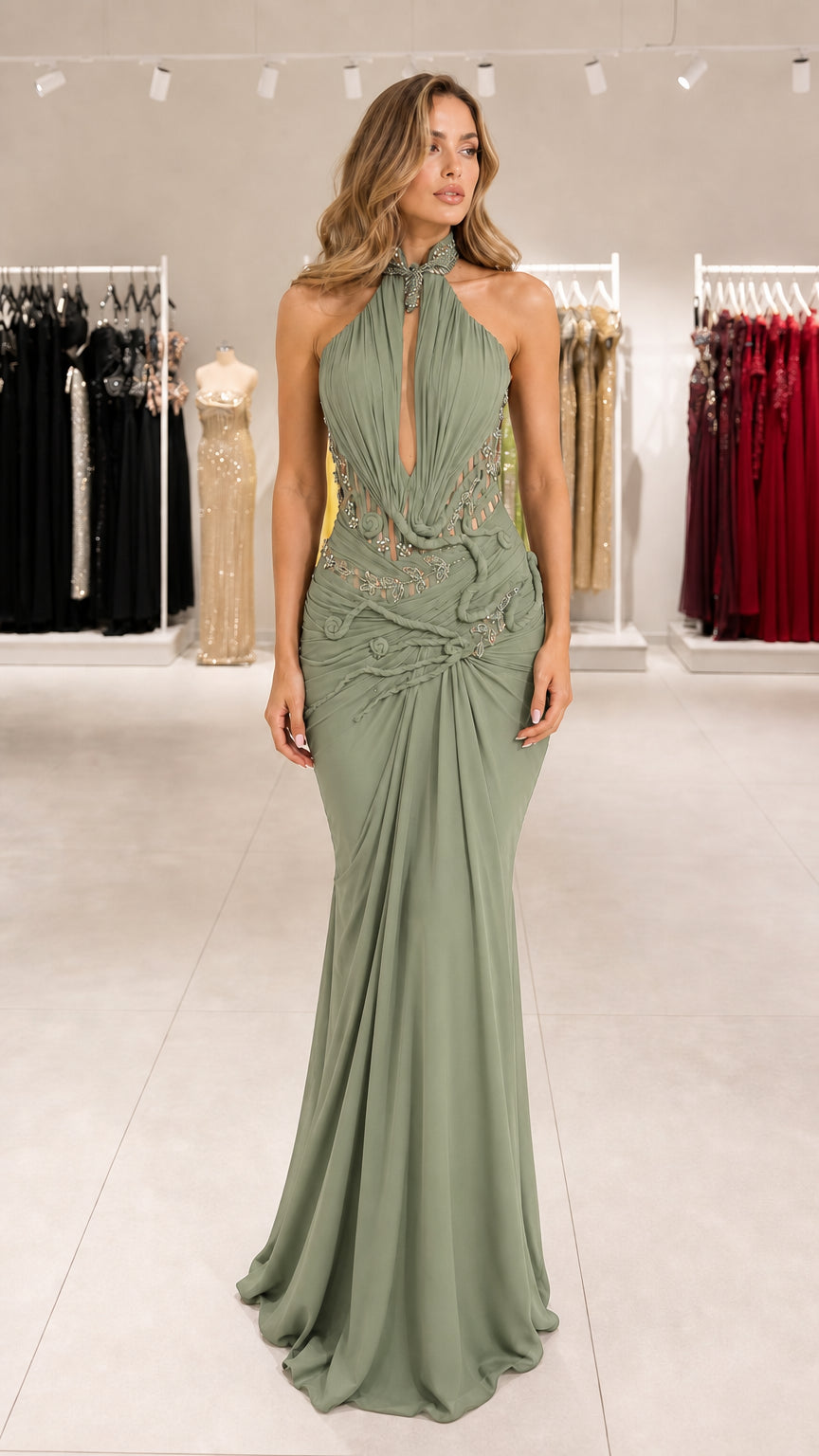 Sage green halter neck draped mermaid evening dress