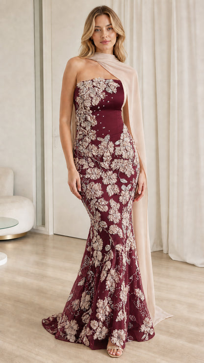 Full front view of strapless burgundy wine lace mermaid evening dress