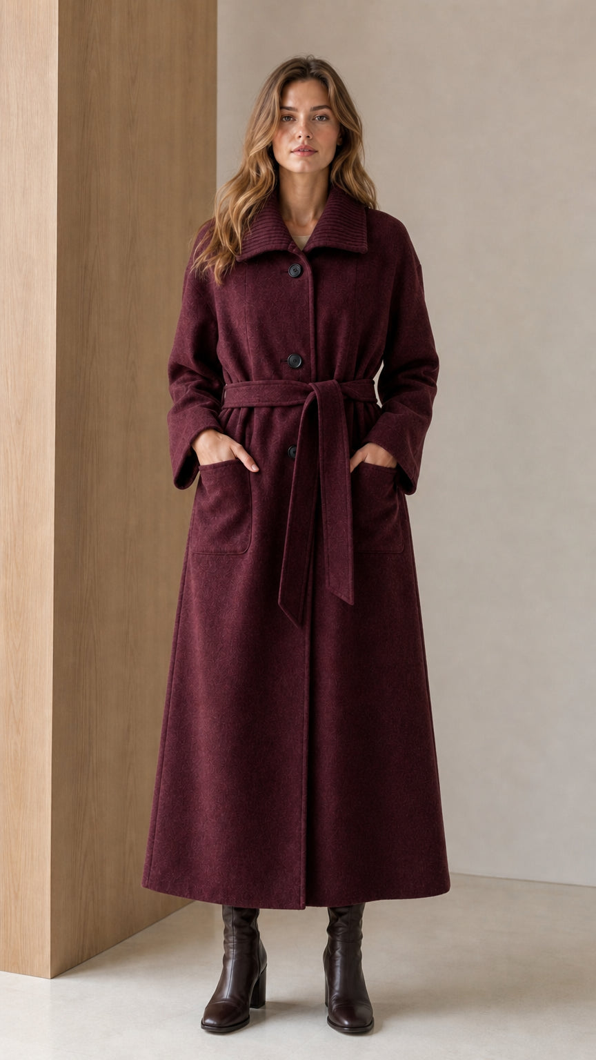 Woman wearing Burgundy wine-colored longline belted wool coat