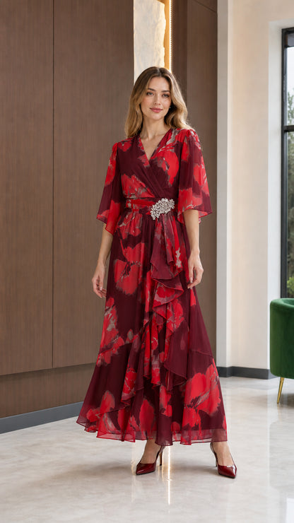 Burgundy wine floral print surplice maxi dress with sparkling crystal brooch