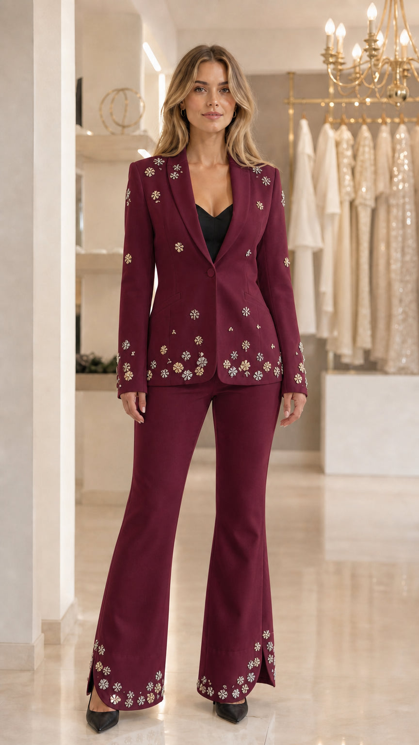 Model wearing burgundy wine red tailored 2-piece pant suit set