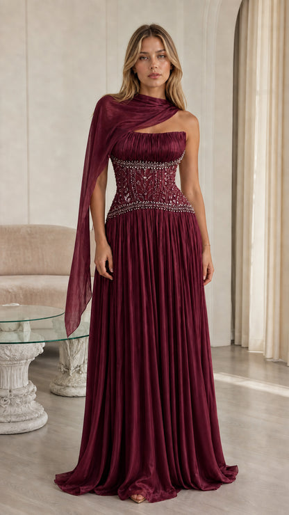 Front view of burgundy wine pleated chiffon formal dress with embellished bodice