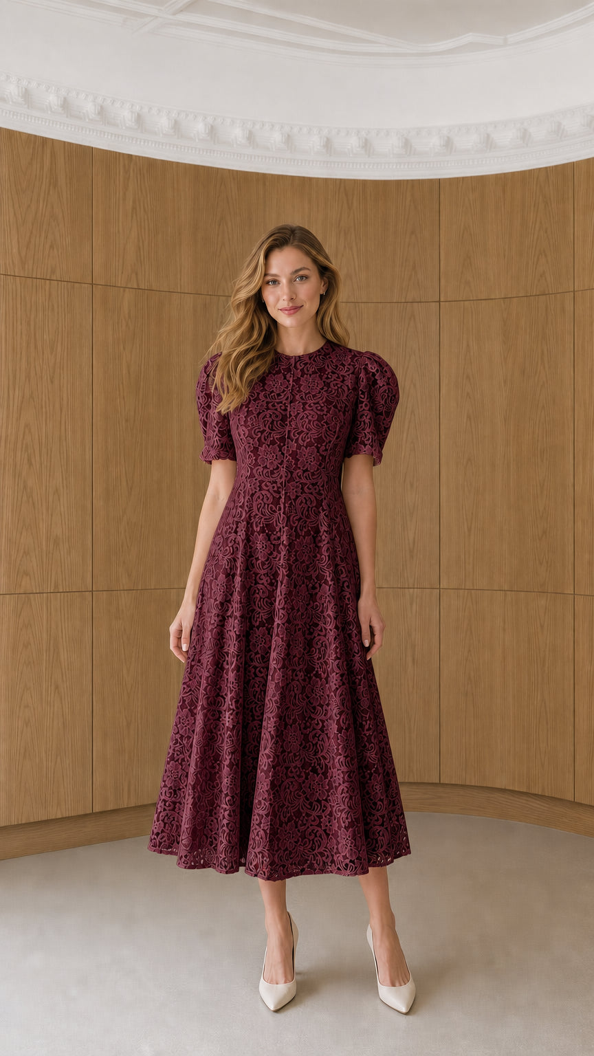Full-length view of model wearing burgundy floral lace puff sleeve midi dress