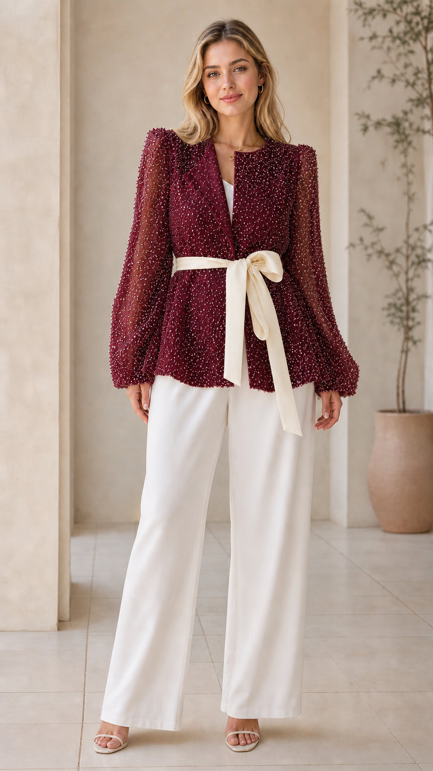 Front view of woman wearing burgundy wine sequin tie-waist evening jacket top
