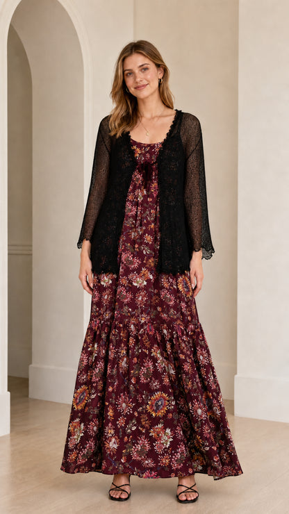 Front view of the burgundy floral maxi dress with sheer black cardigan overlay