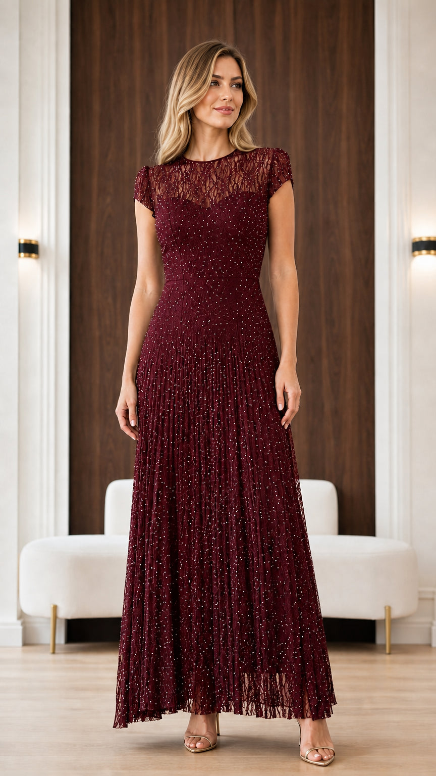 Burgundy wine lace illusion cap sleeve pleated evening gown