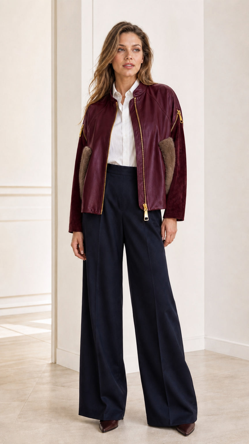 Full outfit view of woman wearing the Burgundy faux leather bomber jacket