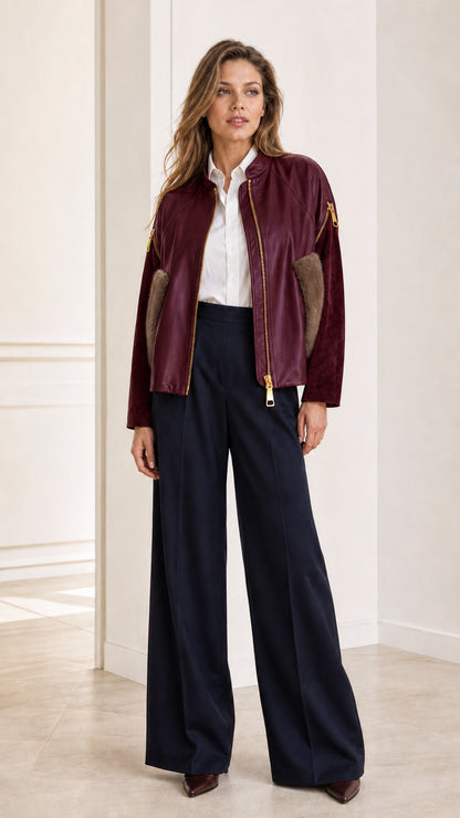 Full outfit view of woman wearing the Burgundy faux leather bomber jacket