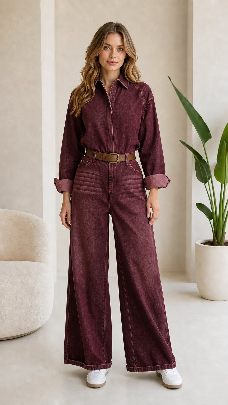 Woman wearing Burgundy washed denim wide leg jumpsuit with belt