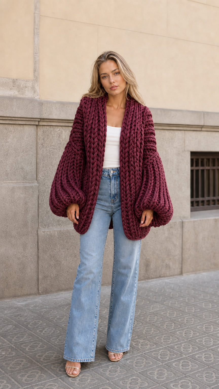 Front view of woman wearing burgundy wine chunky ribbed knit oversized cardigan