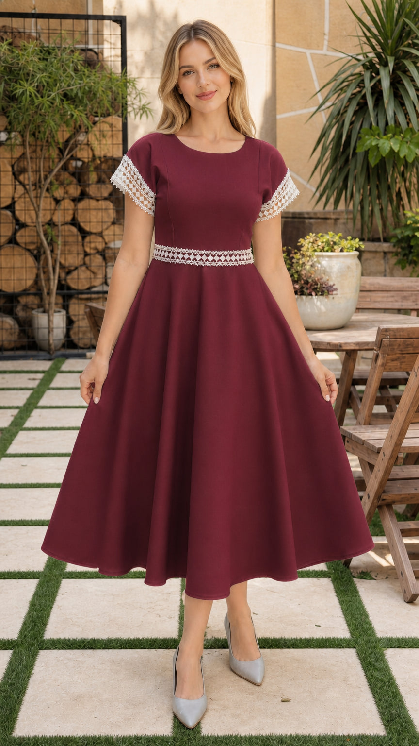 Model wearing burgundy wine red short sleeve fit and flare midi dress