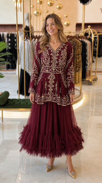 Burgundy wine embroidered peplum tulle maxi evening dress front view