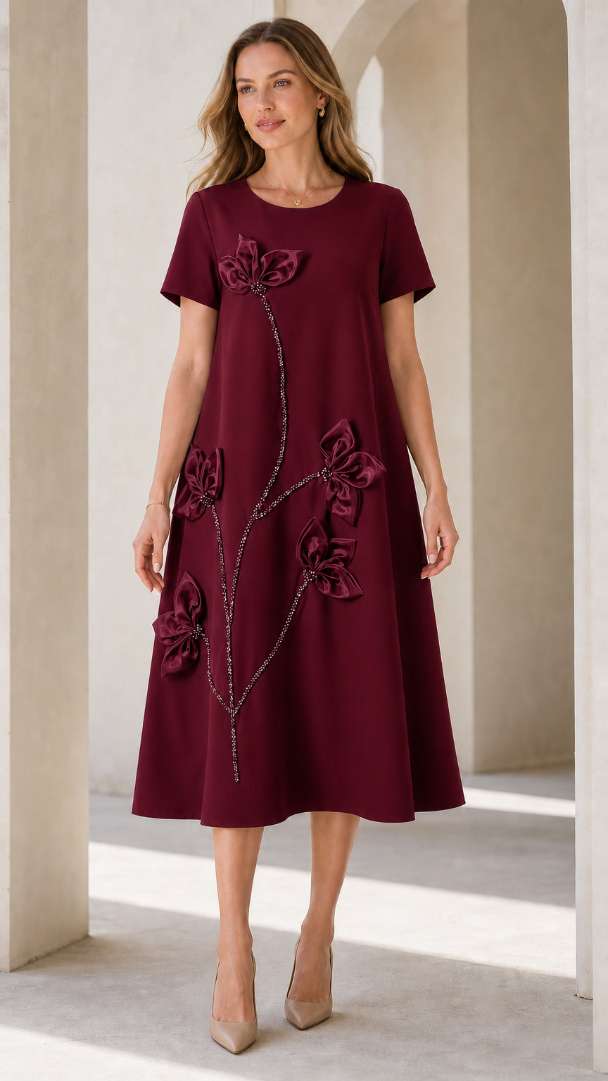 Burgundy 3D floral applique short sleeve A-line midi dress